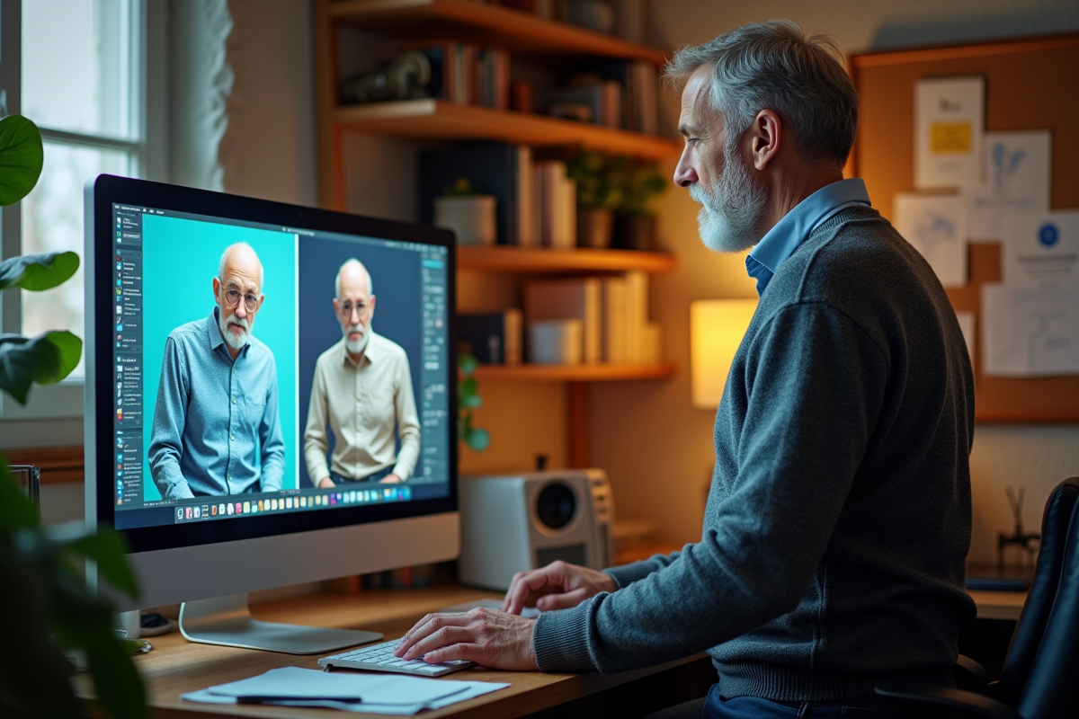 Homme dans un espace de travail regardant une oeuvre d