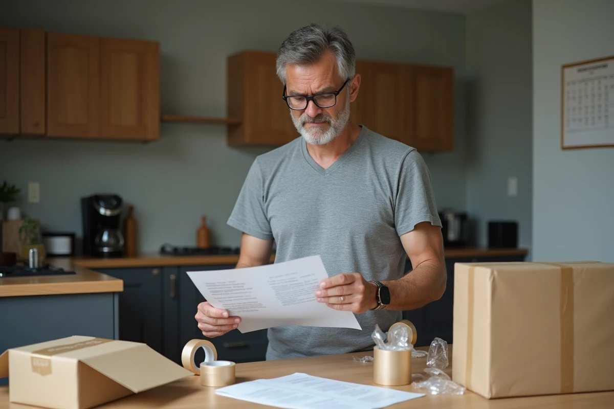 Homme débutant dans le travail d'emballage à domicile, lisant des instructions sur papier entouré de matériaux d'emballage dans sa cuisine