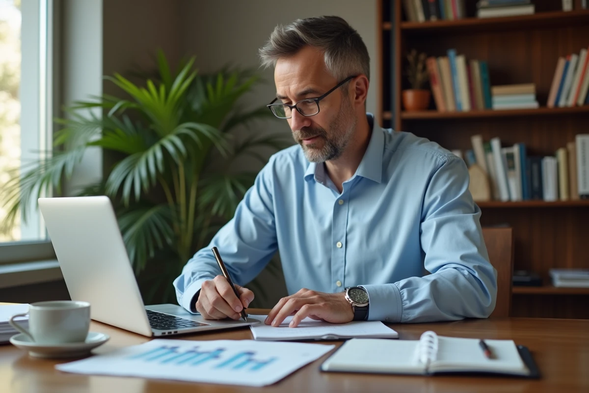 Homme analysant des graphiques financiers à la maison
