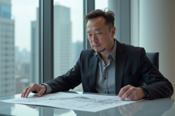 Homme d'âge moyen ressemblant à Elon Musk examine des esquisses futuristes