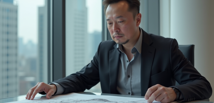 Homme d'âge moyen ressemblant à Elon Musk examine des esquisses futuristes