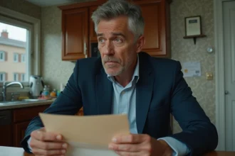 Homme inquiet en costume dans une cuisine avec une enveloppe