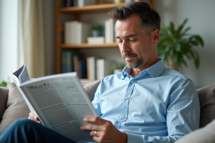 Homme d'âge moyen lisant un magazine dans un salon lumineux