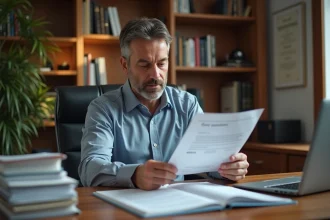 Homme d'âge moyen lisant un document dans un bureau à domicile