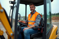 Homme en vest hivis dans une cabine de miniexcavator