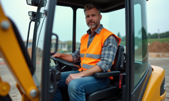 Homme en vest hivis dans une cabine de miniexcavator