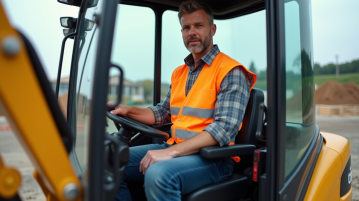 Homme en vest hivis dans une cabine de miniexcavator