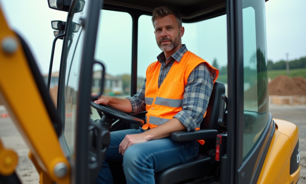 Homme en vest hivis dans une cabine de miniexcavator