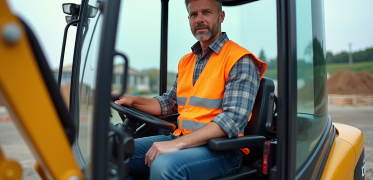 Homme en vest hivis dans une cabine de miniexcavator