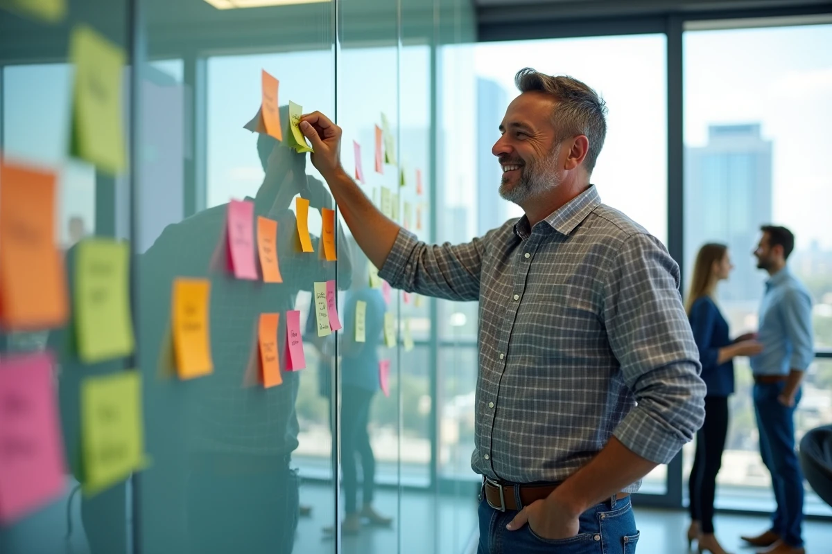 Homme en tenue décontractée collant des notes sur un mur
