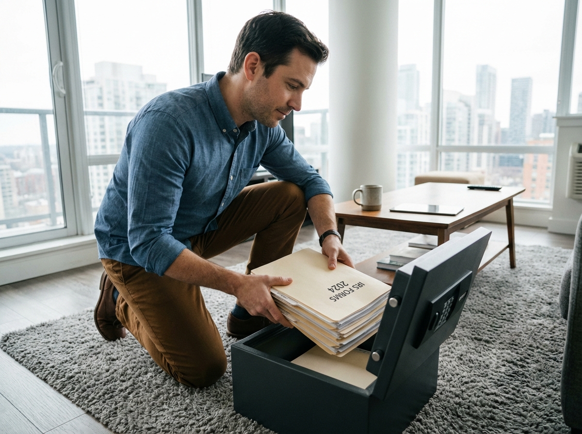 Jeune homme plaçant des documents dans un coffre sécurisé