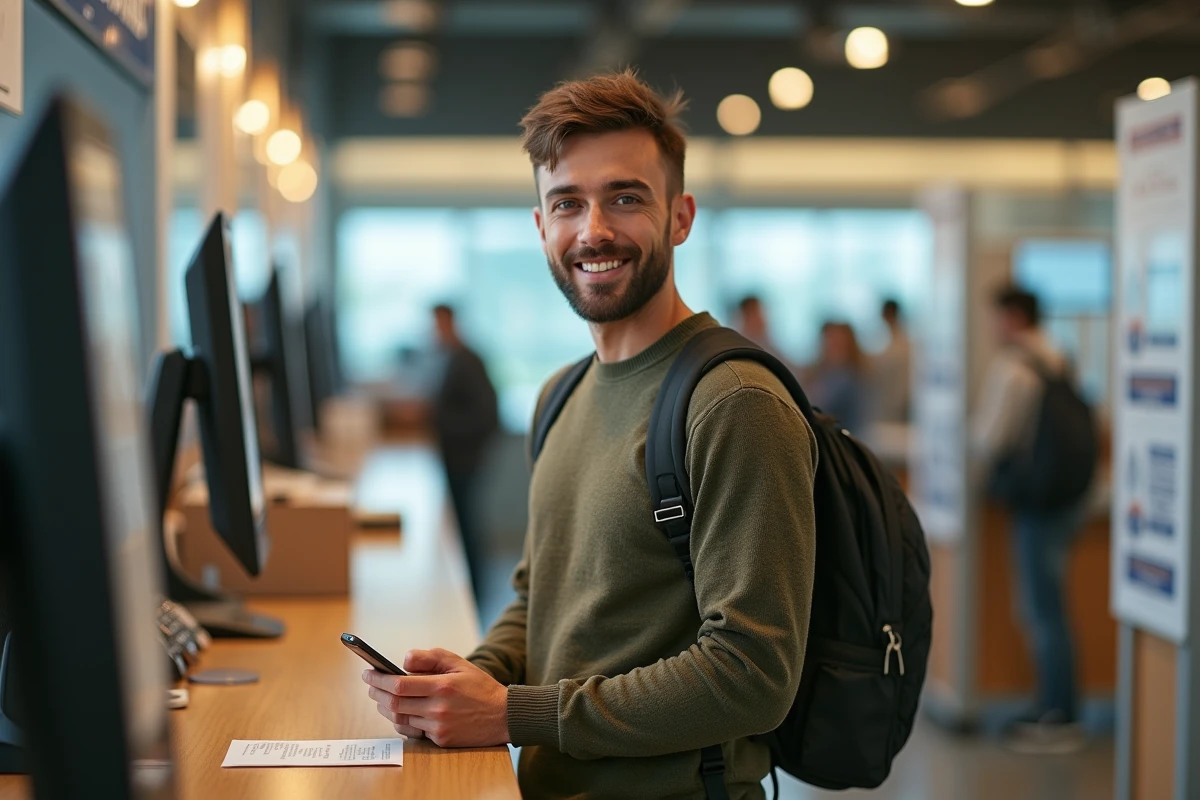 Jeune homme attendant au comptoir de colis