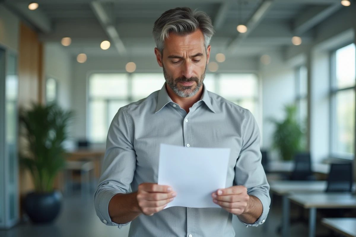 Homme en bureau moderne relisant une courte lettre de démission imprimée