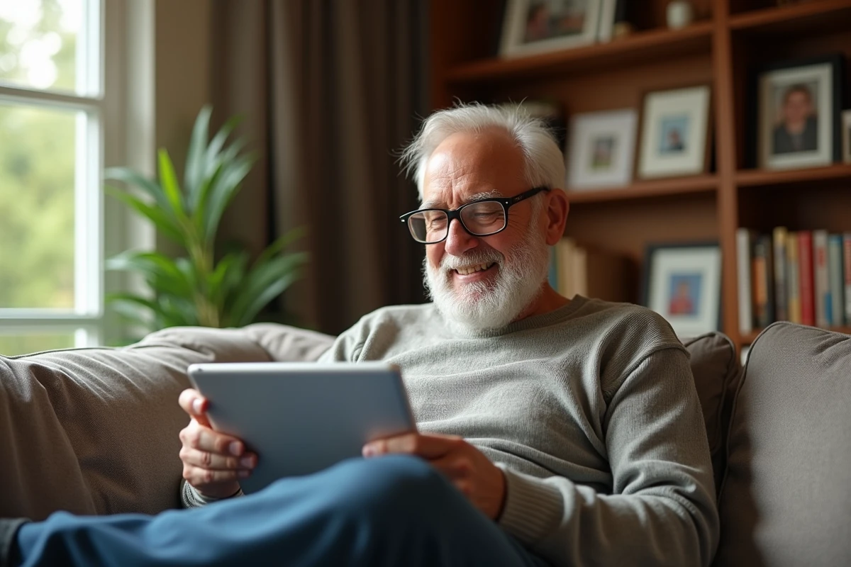 Homme âgé détendu regardant une tablette dans son salon chaleureux