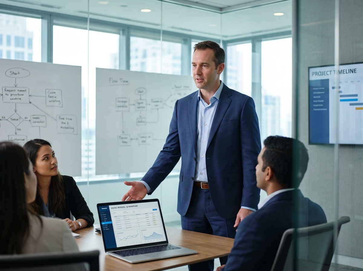 Homme en costume discutant de factures avec collègues en réunion