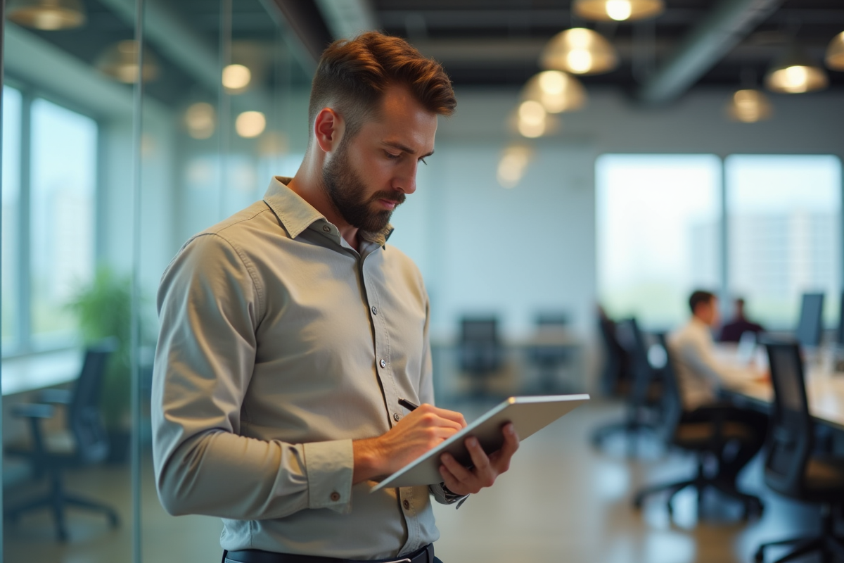 Homme en réunion collaborative avec un tablette et un carnet