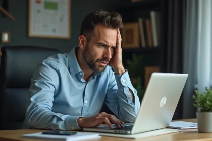 Homme d'affaires stressé au bureau avec notification de connexion refusée
