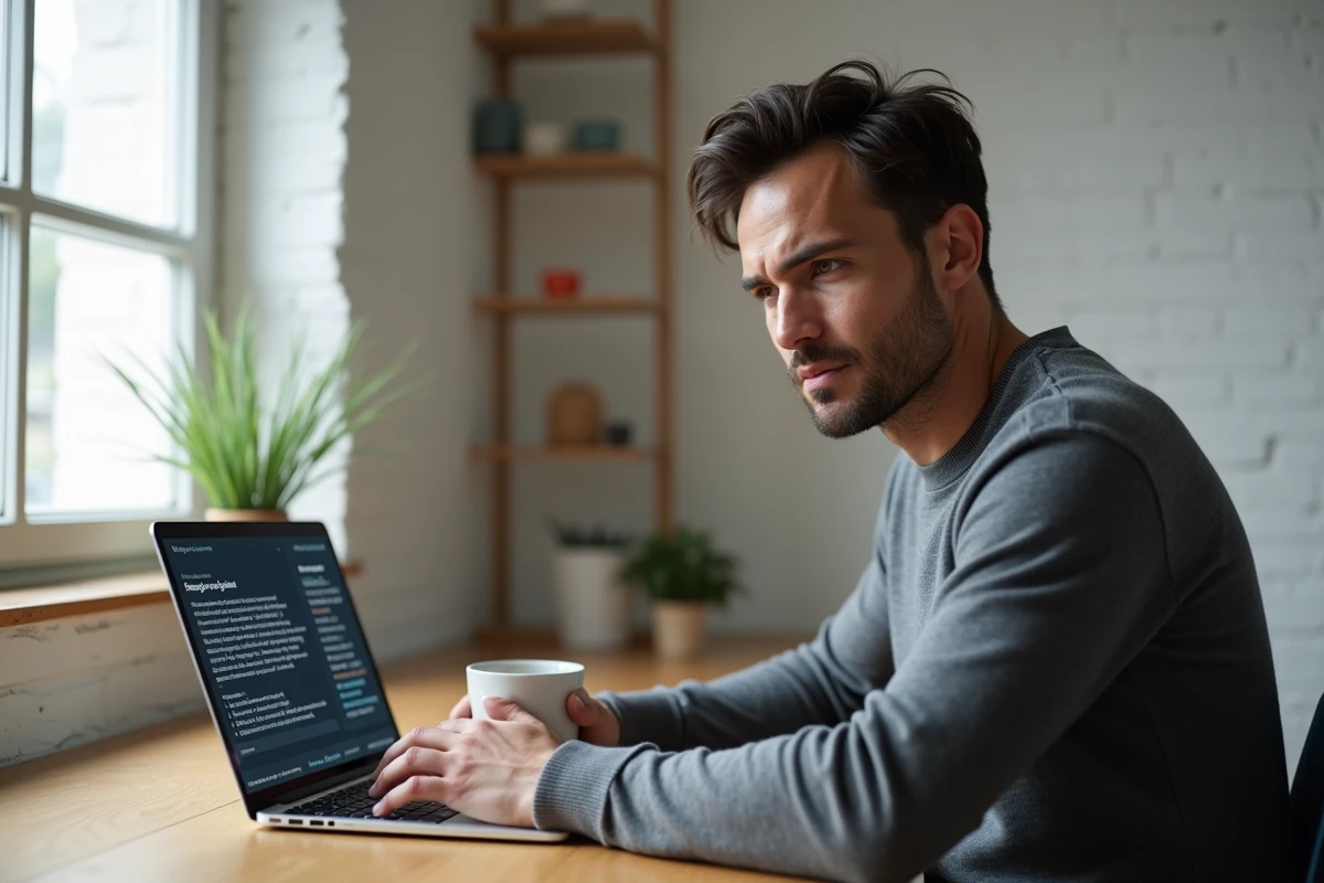 Homme en télétravail évaluant un outil IA sur son ordinateur portable depuis son bureau à domicile