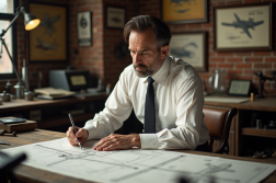 Ingénieur des années 1930 examinant des plans d'avion sans pilote