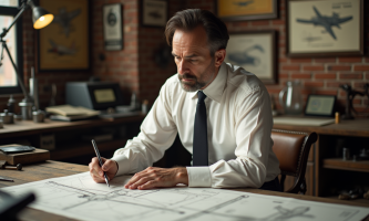 Ingénieur des années 1930 examinant des plans d'avion sans pilote