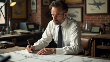 Ingénieur des années 1930 examinant des plans d'avion sans pilote