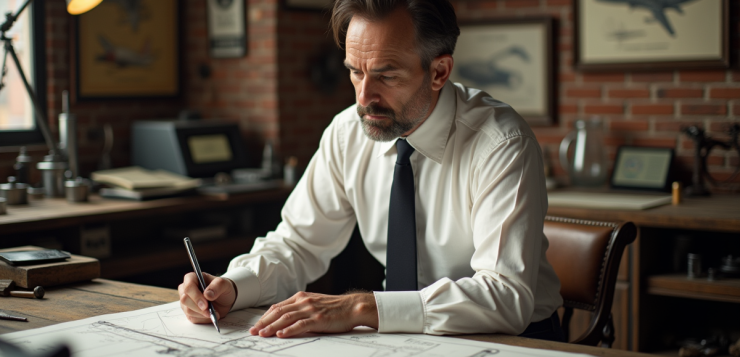 Ingénieur des années 1930 examinant des plans d'avion sans pilote