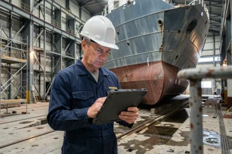 Ingénieur naval consultant des plans numériques sur tablette dans un chantier naval industriel avec coque de navire en construction