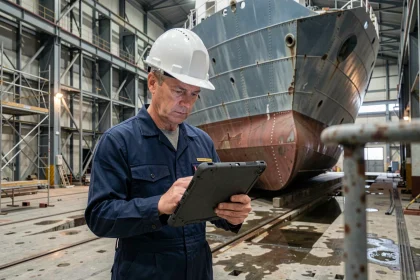 Ingénieur naval consultant des plans numériques sur tablette dans un chantier naval industriel avec coque de navire en construction