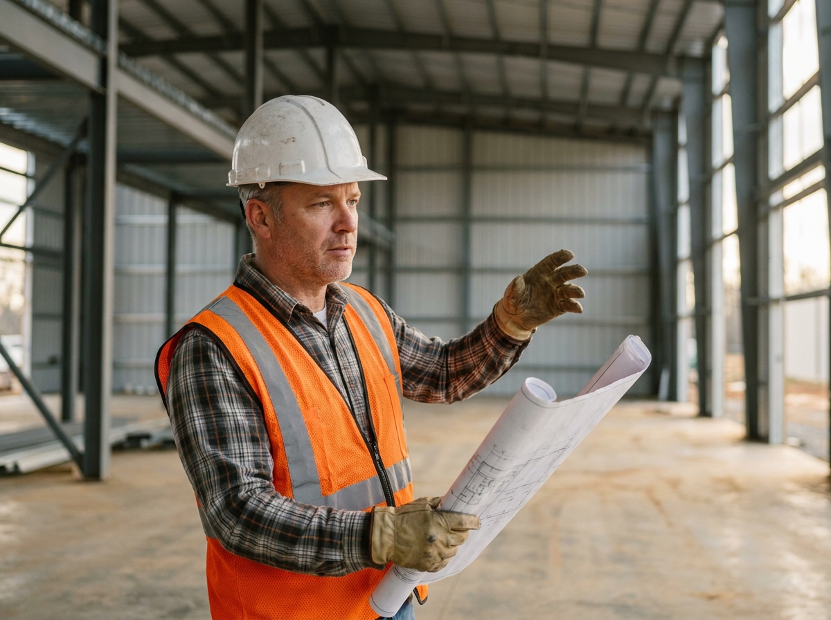 Ingénieur en structure inspectant l'intérieur d'un entrepôt de stockage industriel avec plan technique en main