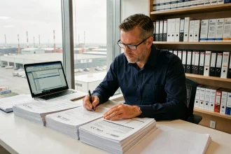 Inspecteur qualité examinant des documents de conformité CE Mark China Export sur un bureau professionnel lors d'un audit