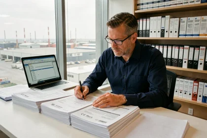 Inspecteur qualité examinant des documents de conformité CE Mark China Export sur un bureau professionnel lors d'un audit