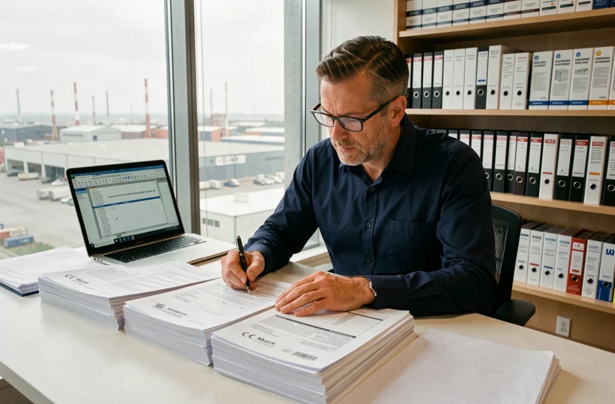 Inspecteur qualité examinant des documents de conformité CE Mark China Export sur un bureau professionnel lors d'un audit