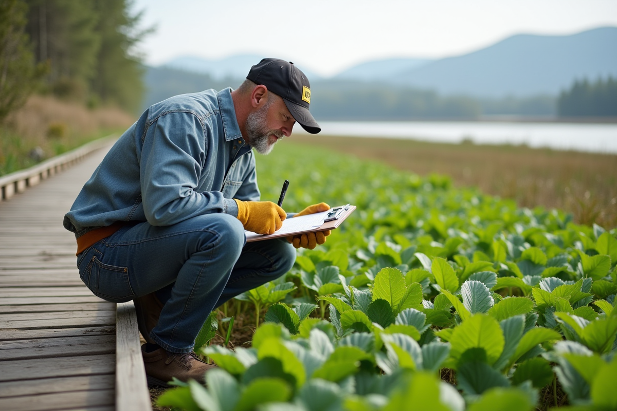 Homme inspectant des plantes dans un wetland naturel