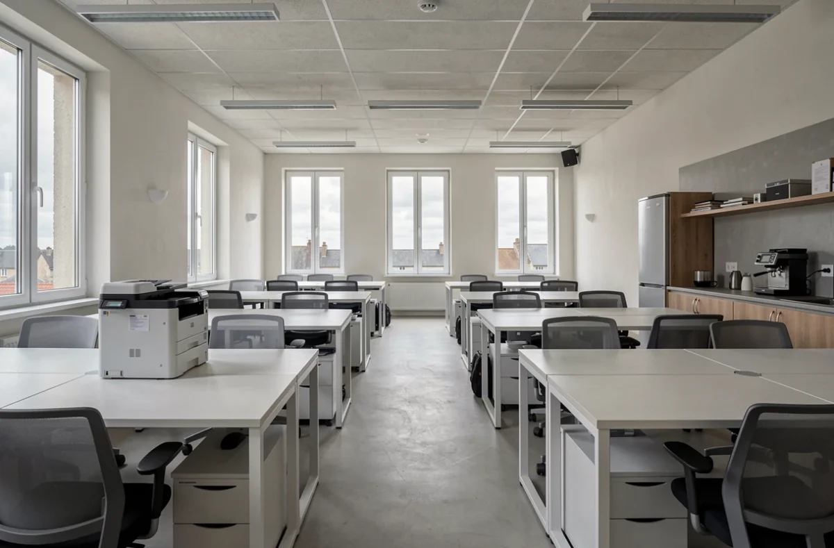 Intérieur d'un espace de coworking moderne et vide dans un bâtiment breton rénové