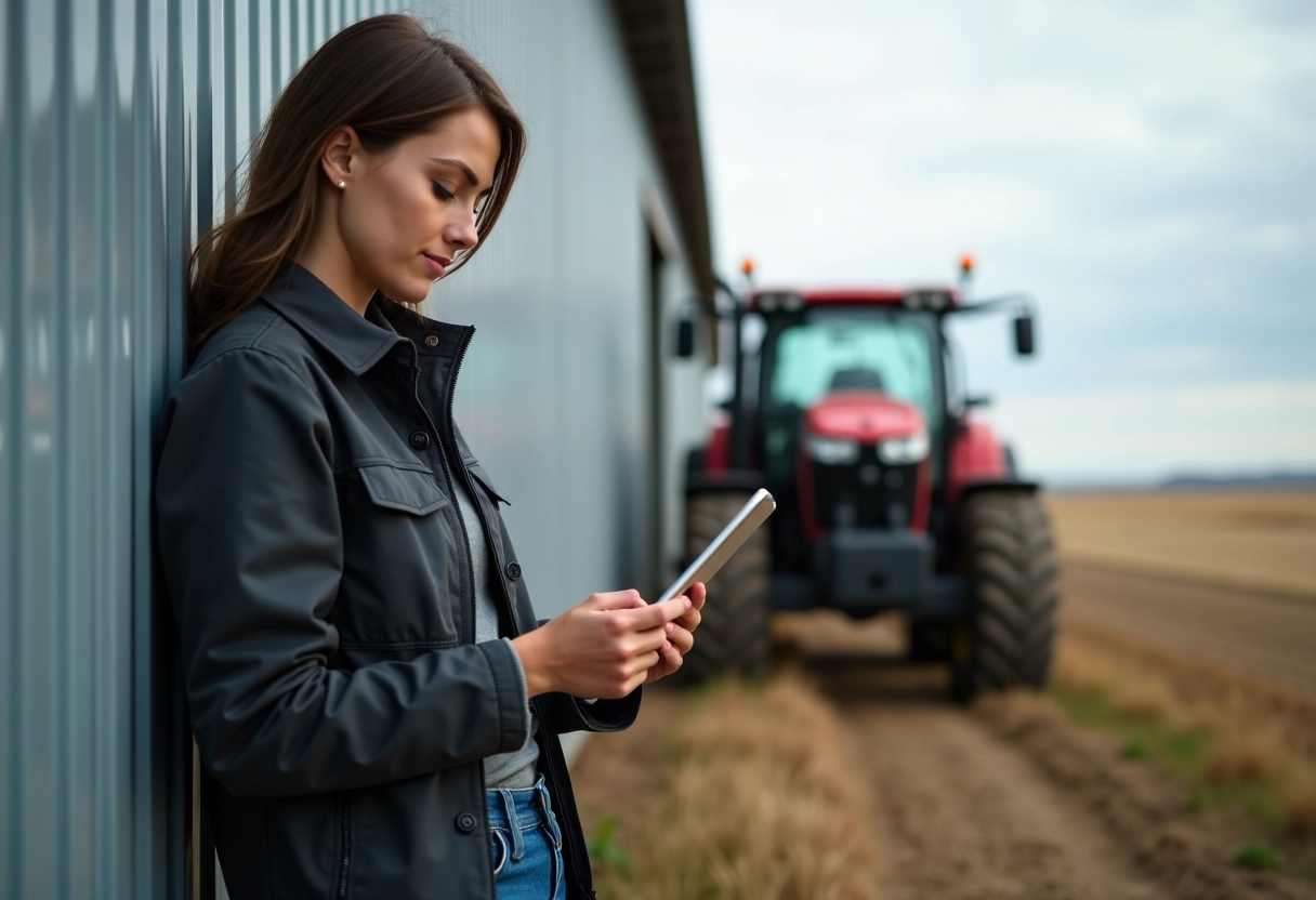 Jeune agronome avec tablette près d’un tracteur moderne