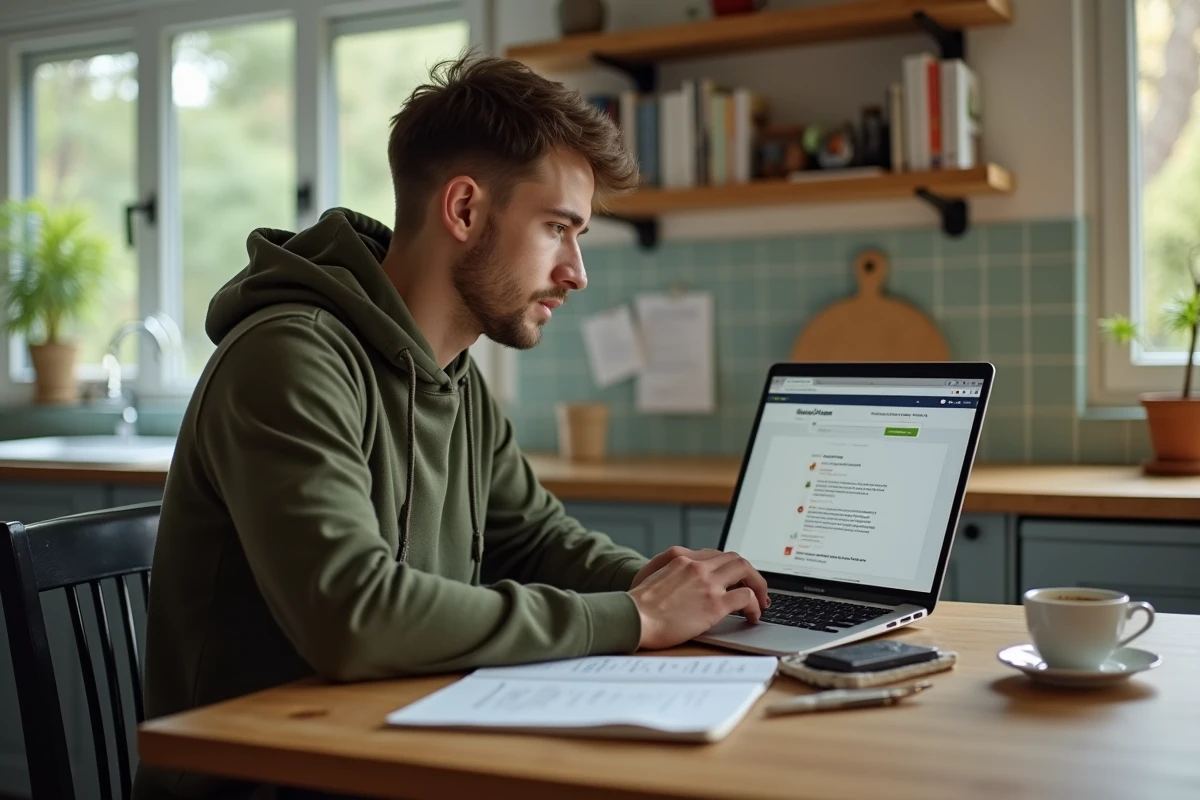 Jeune entrepreneur travaillant depuis chez lui sur les formalités administratives de création d'entreprise en ligne