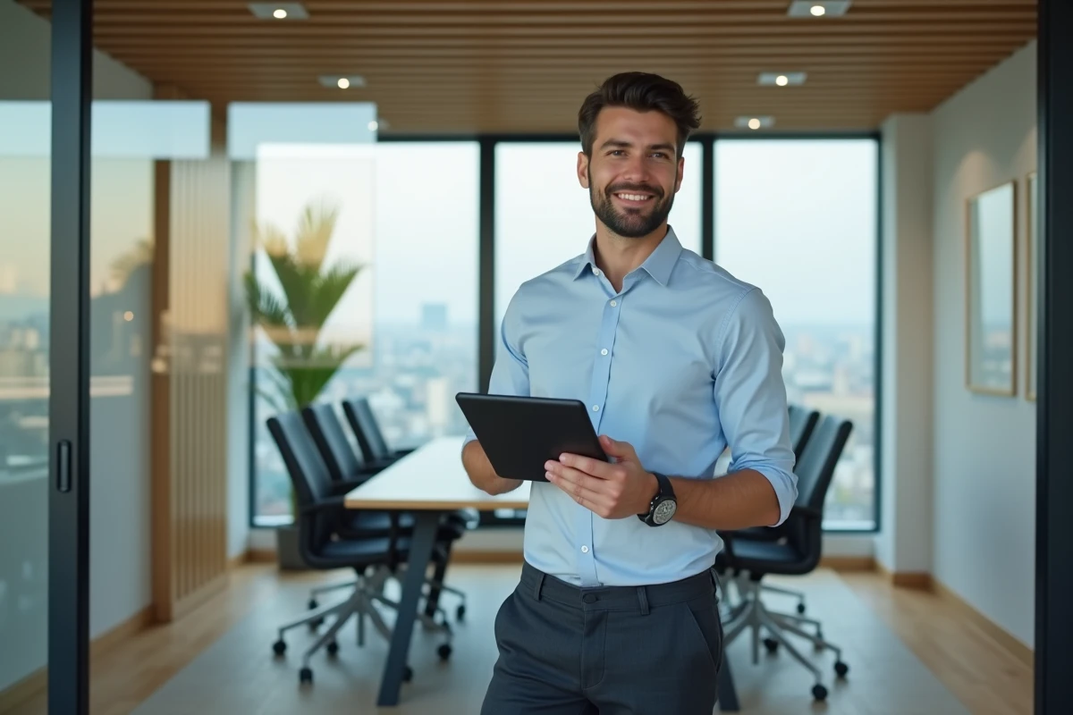 Jeune entrepreneur avec tablette dans espace coworking