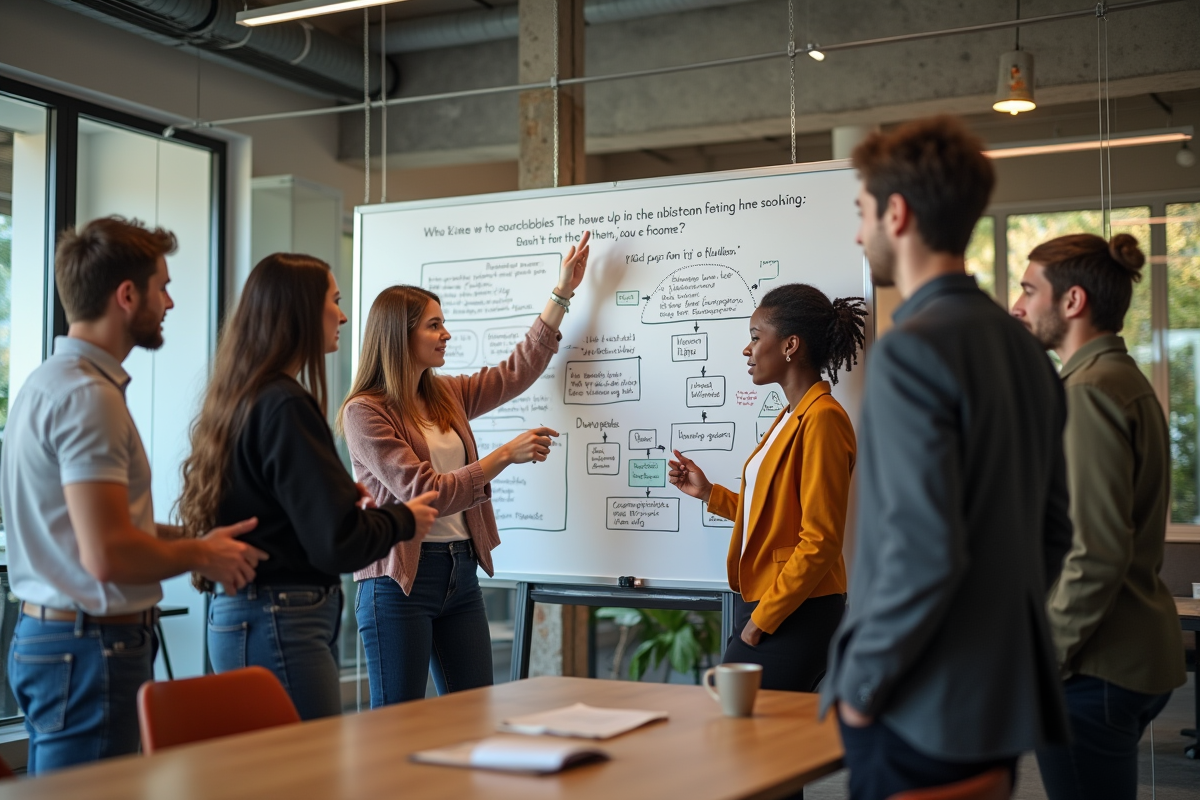 Groupe de jeunes adultes en réunion autour d