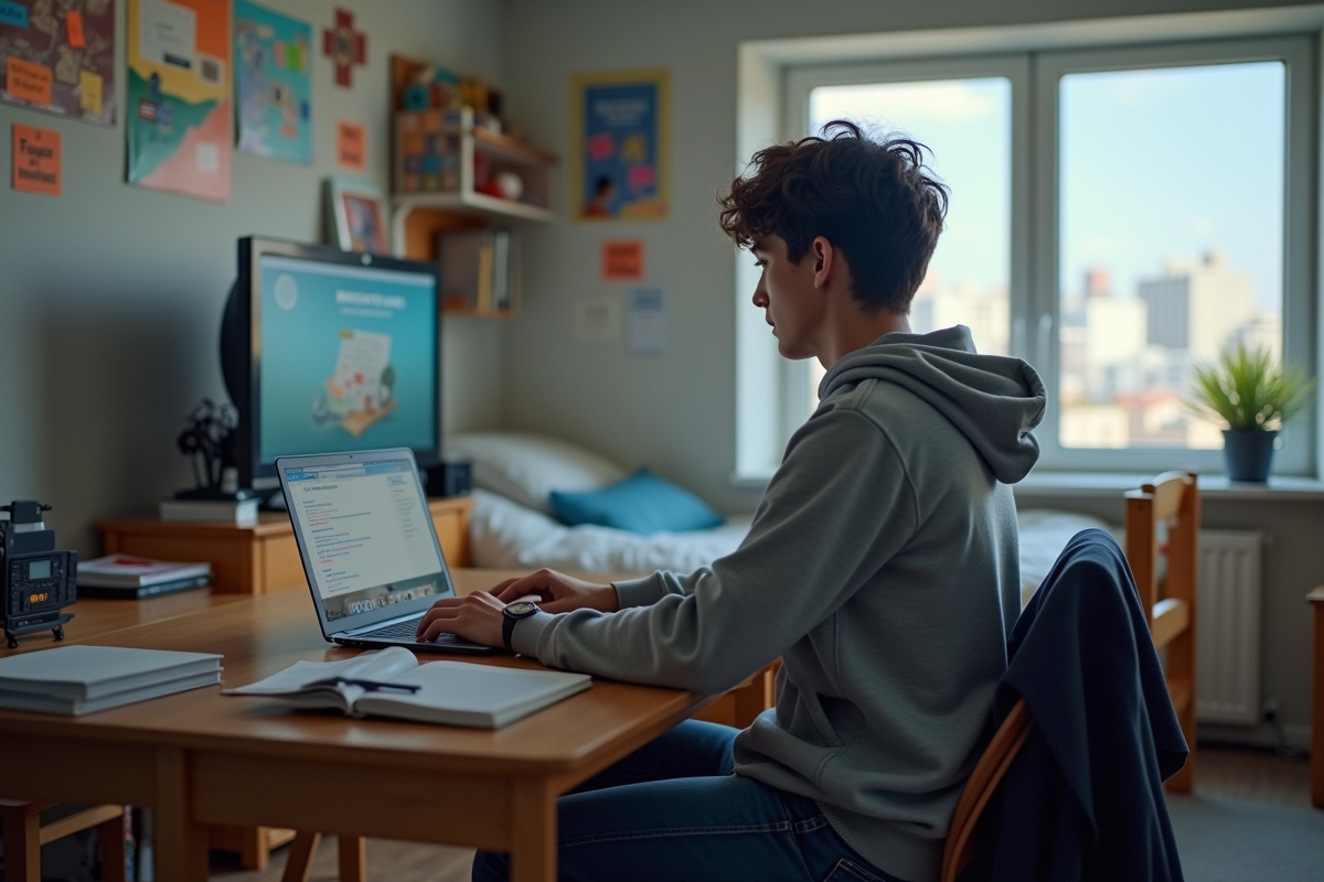 Jeune homme étudiant avec ordinateur et télévision en arrière-plan