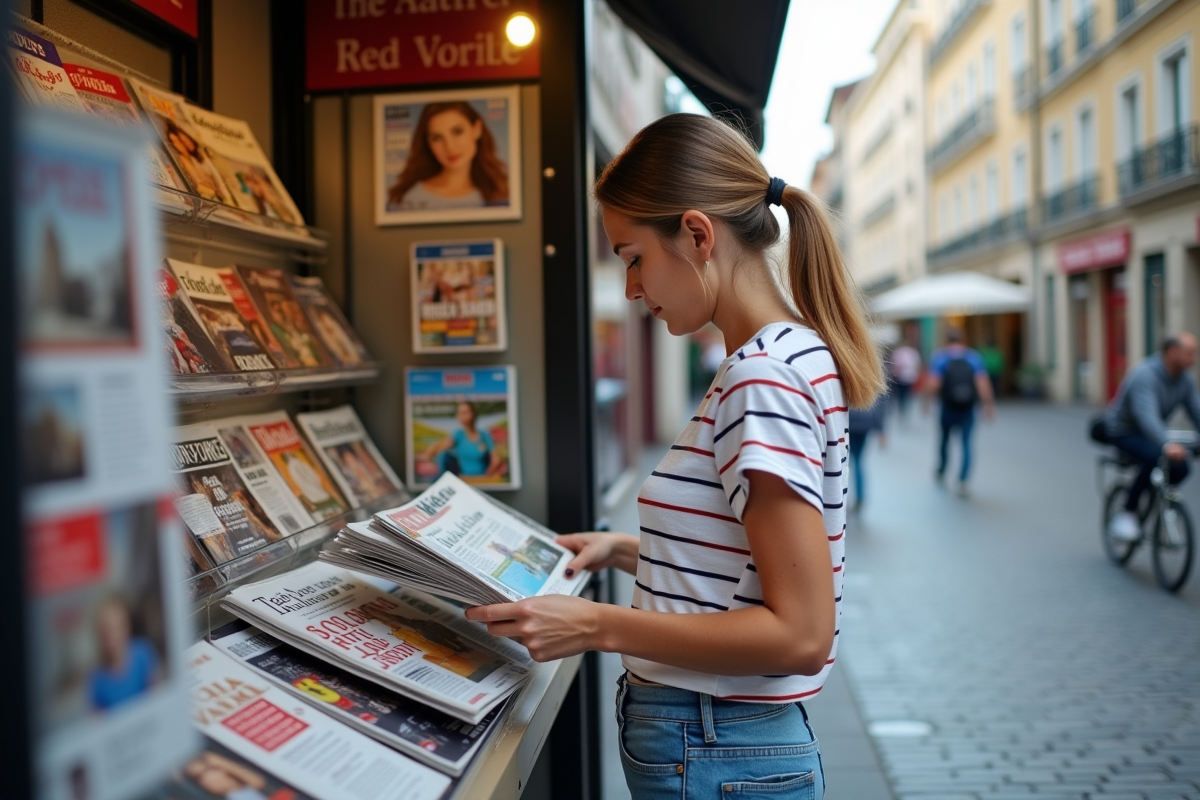 Jeune femme regardant des magazines à un kiosque en ville