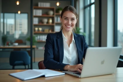 Jeune femme professionnelle en bureau moderne travaillant sur son ordinateur