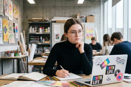 Jeune femme en turtleneck noir dans un atelier de design