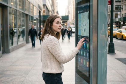 Jeune femme en ville utilisant un écran digital interactif