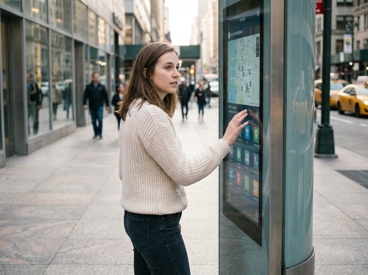 Jeune femme en ville utilisant un écran digital interactif