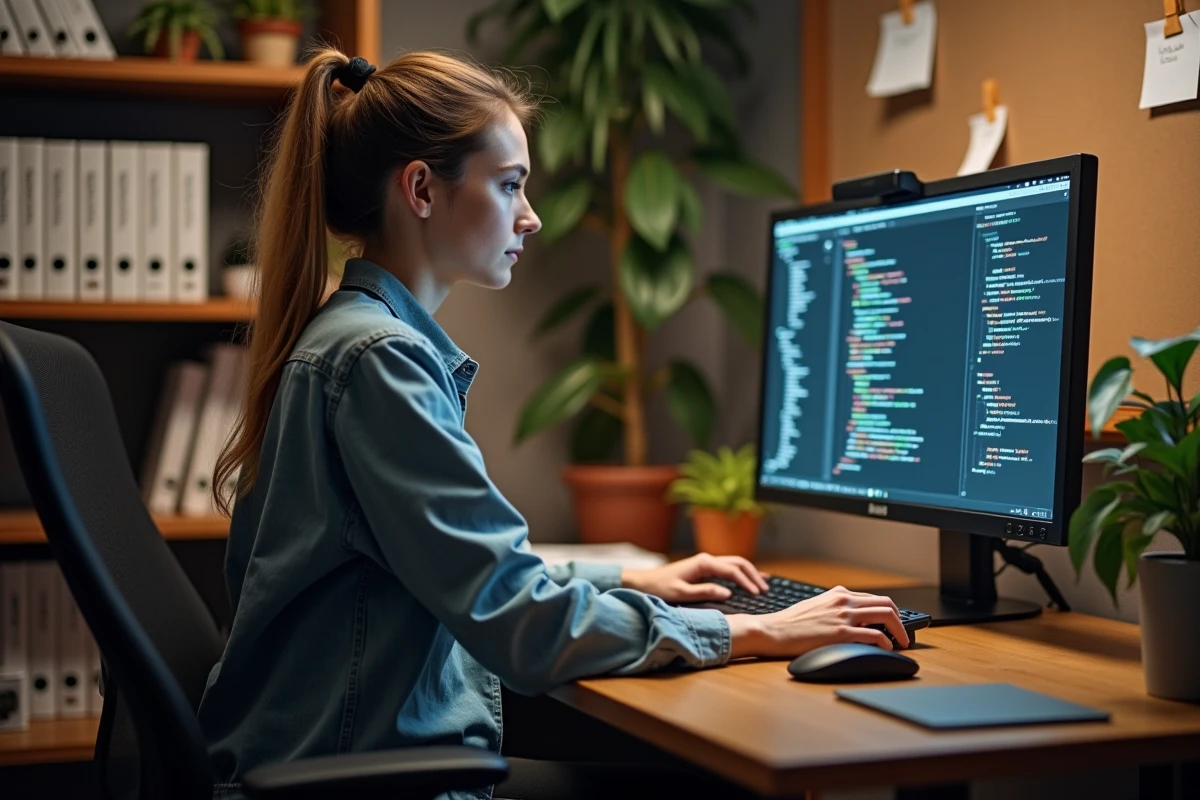 Femme en informatique concentrée sur son code dans un bureau
