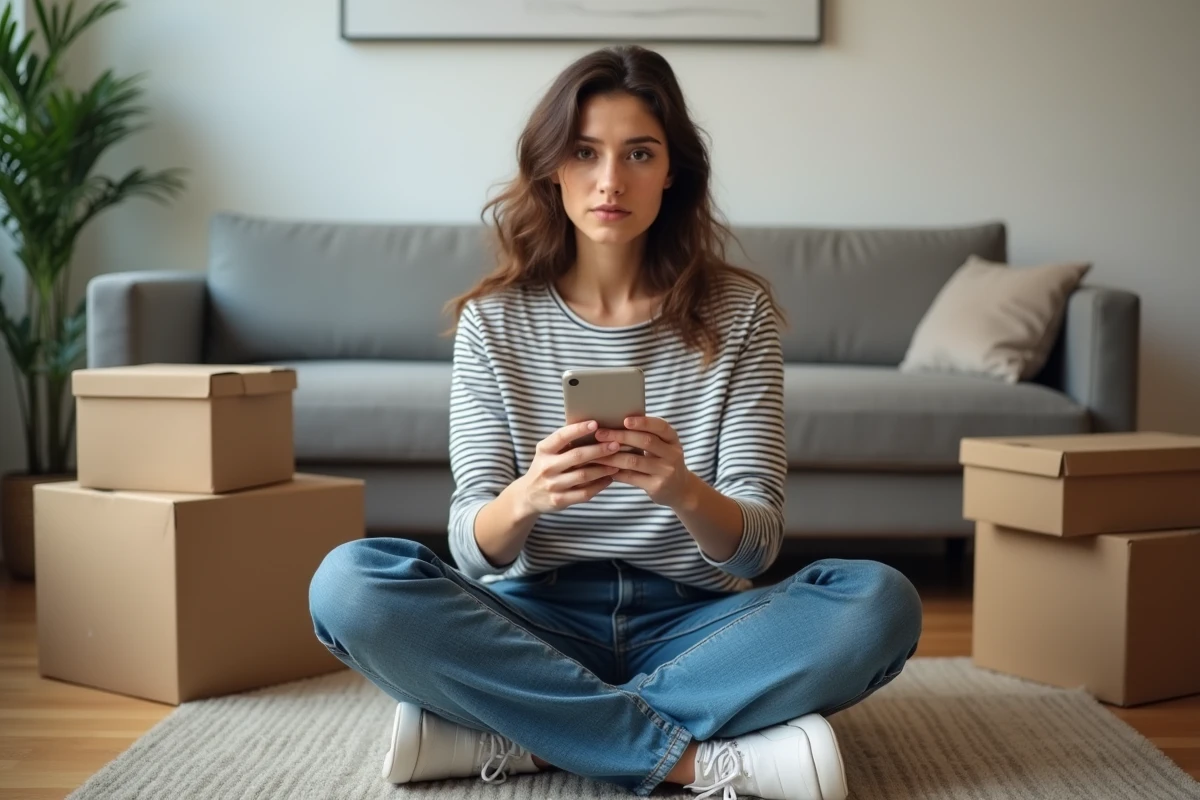 Jeune femme à domicile consultant son téléphone pour une offre d'emballage Pôle emploi, entourée de cartons et de fournitures d'emballage