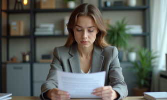 Jeune femme en blazer examine son CV dans un bureau moderne