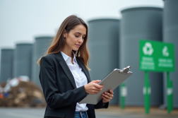 Jeune femme professionnelle vérifiant une liste devant une usine de recyclage