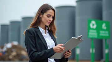 Jeune femme professionnelle vérifiant une liste devant une usine de recyclage