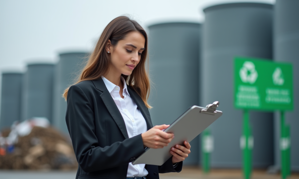 Jeune femme professionnelle vérifiant une liste devant une usine de recyclage
